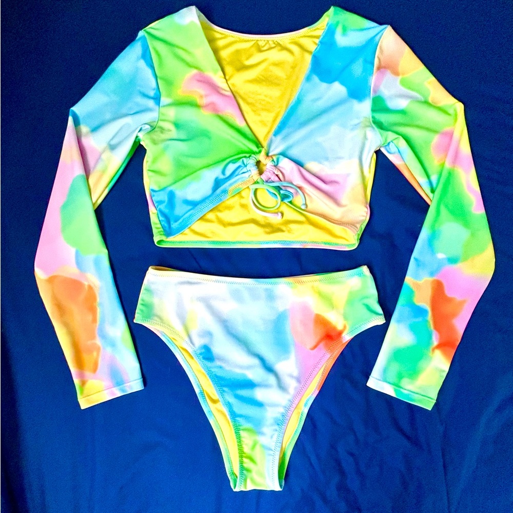 RELLECIGA Watercolor Long-Sleeve, Tie-Front 2-Piece Swimsuit, Size S